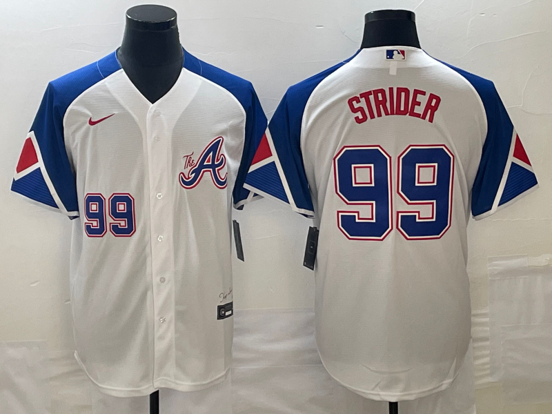 Men's Atlanta Braves #99 Spencer Strider White 2023 City Connect Cool Base With Patch Stitched Baseball Jersey